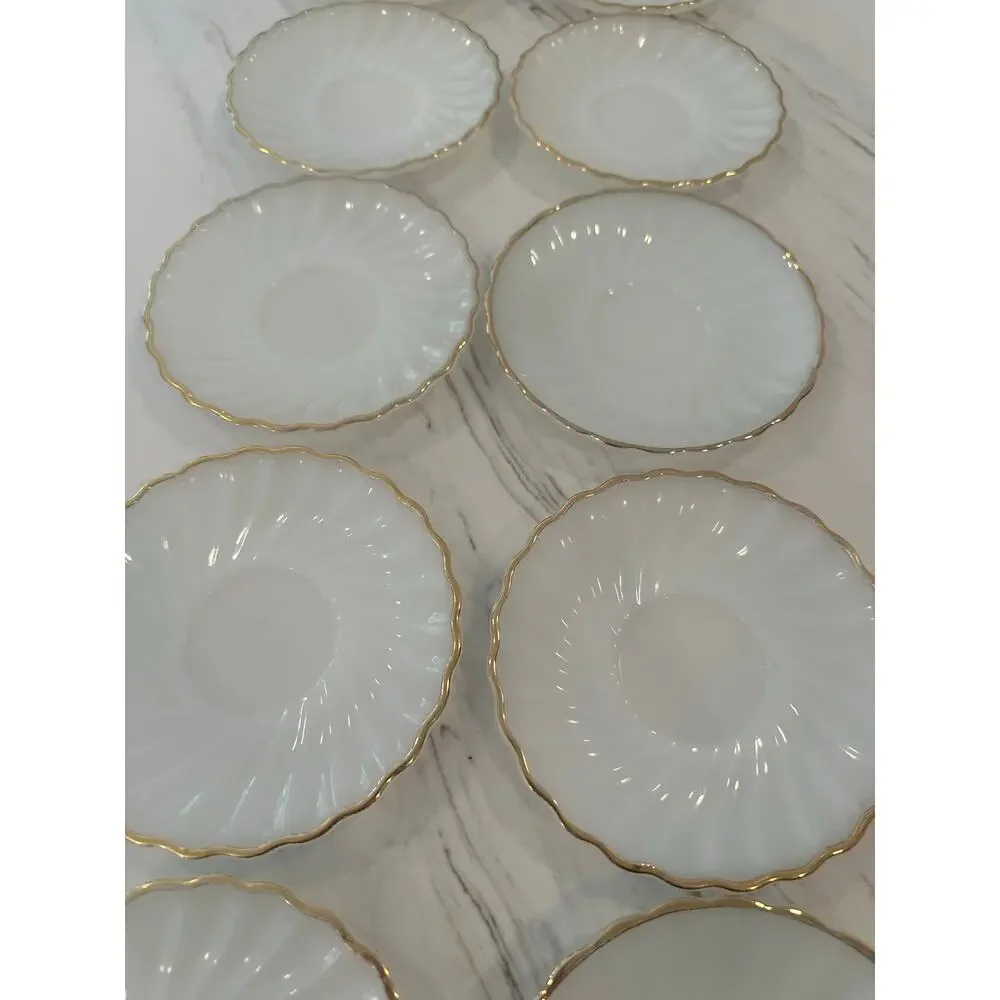Vintage Anchor Hocking Suburbia Milk Glass Gold Trim Bread Dessert Plates Set 10